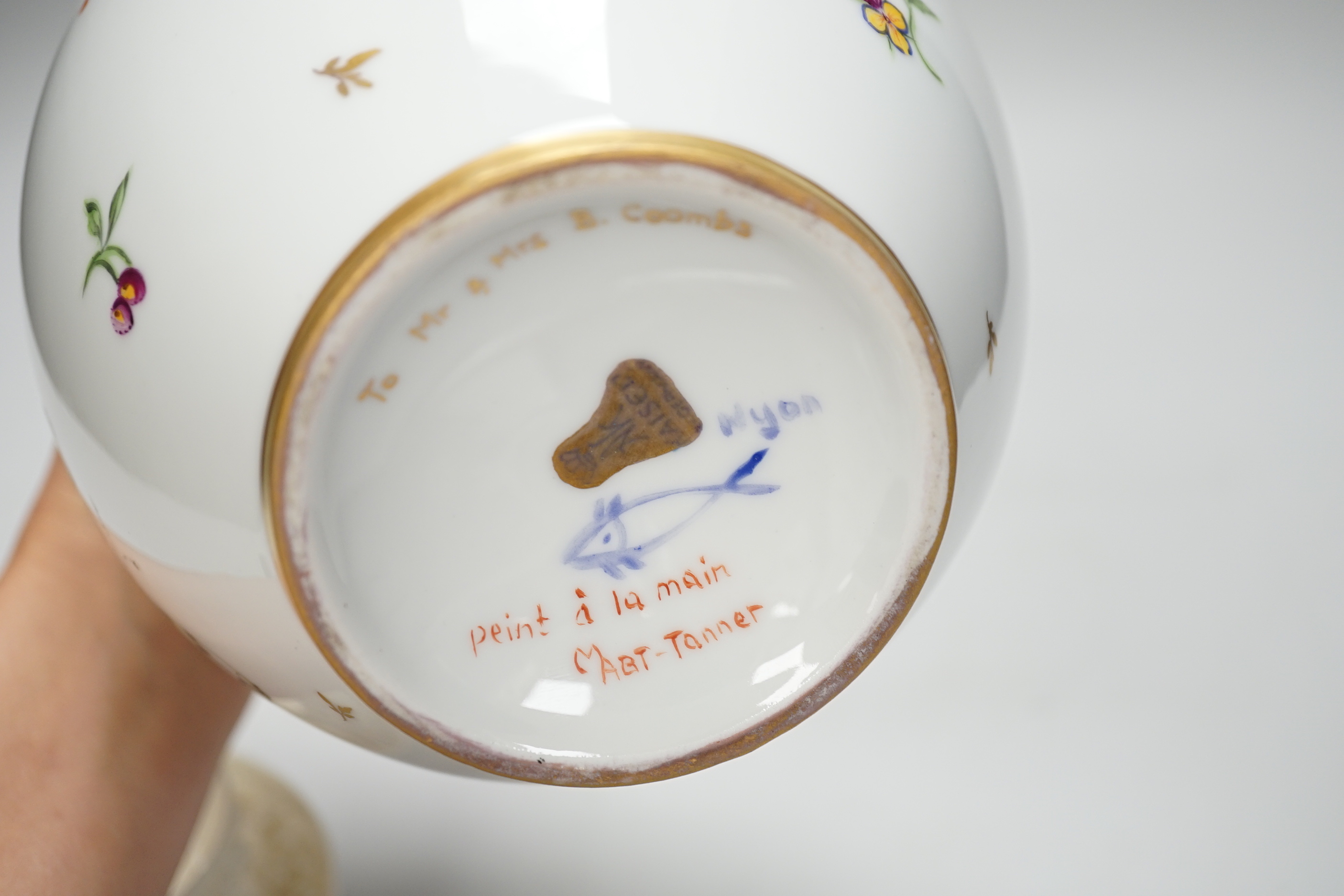 A Nyon style porcelain hand painted vase and a Belleek style coffee cup and saucer, tallest 18cm